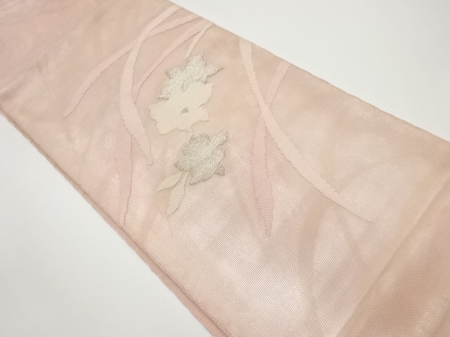 紗 曲線に花葉模様織出し袋帯